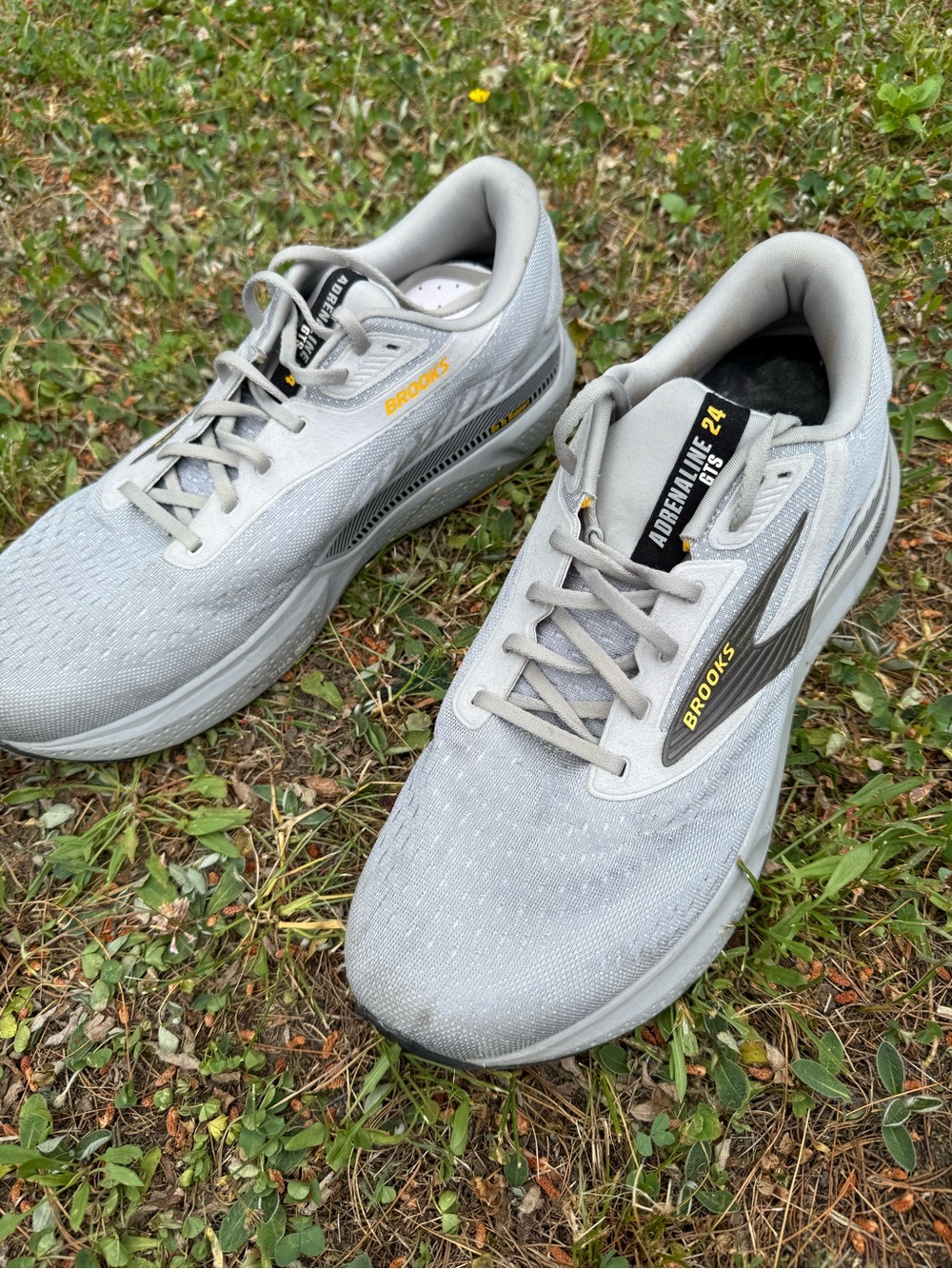 Brooks Adrenaline GTS 24 Alloy Gold Fusion Men's Running EUC, US 14 Wide 2E